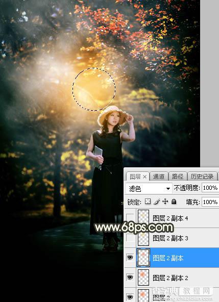 Photoshop调制出灿烂的黄褐色树中人物图片43