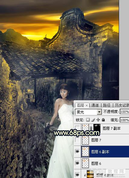 Photoshop调出高对比霞光色残旧古建筑人物图片23
