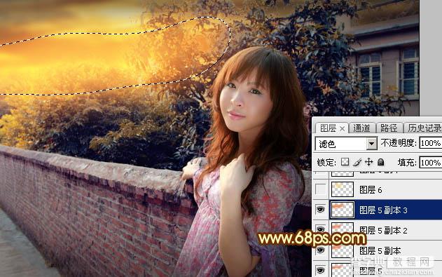 Photoshop调制出橙色霞光色围墙边人物图片39