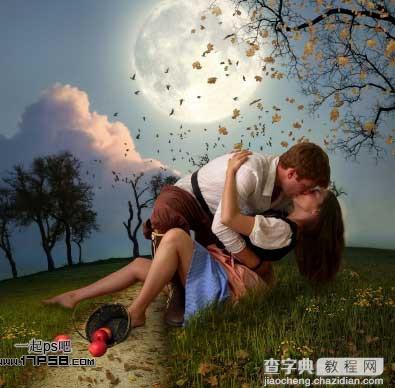 photoshop合成制作出朦胧月光下在草地情侣亲吻场景11