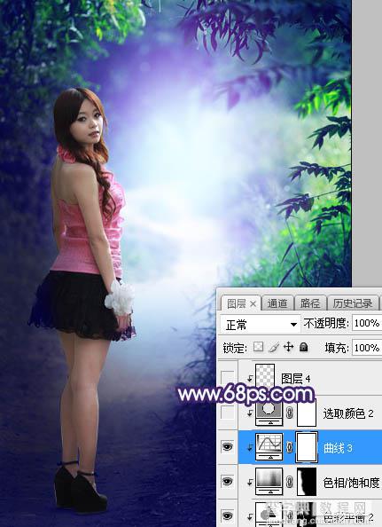 Photoshop将树林人物图片打造唯美的暗调蓝紫色26