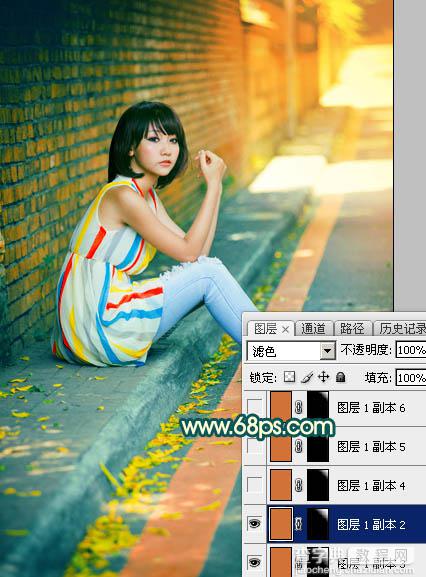 Photoshop调制出甜美的青红色围墙边的人物图片46