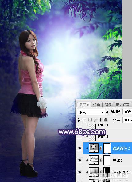 Photoshop将树林人物图片打造唯美的暗调蓝紫色29