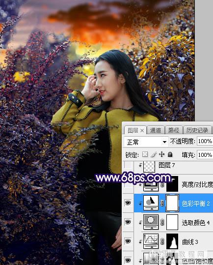 Photoshop调制出灿烂的蓝黄色霞光绿树中的人物图片33