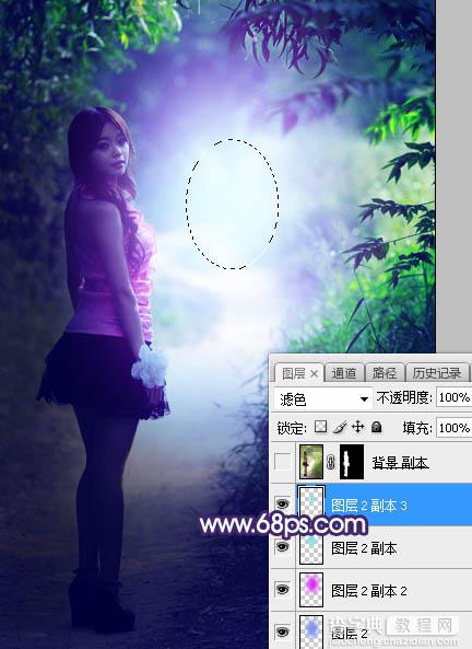 Photoshop将树林人物图片打造唯美的暗调蓝紫色17