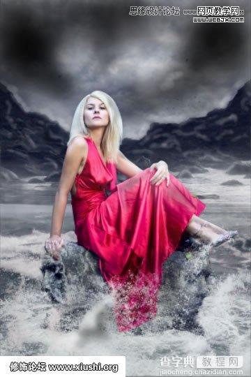 Photoshop合成制作梦幻的海边在坐岩石上的美女图片教程36