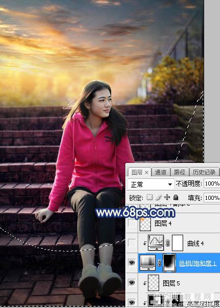 Photoshop调制出给漂亮的霞光古建筑边人物图片32