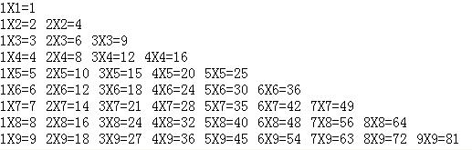 基于javascript实现九九乘法表1