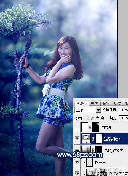Photoshop调制出梦幻的暗调蓝青色树林人物图片33