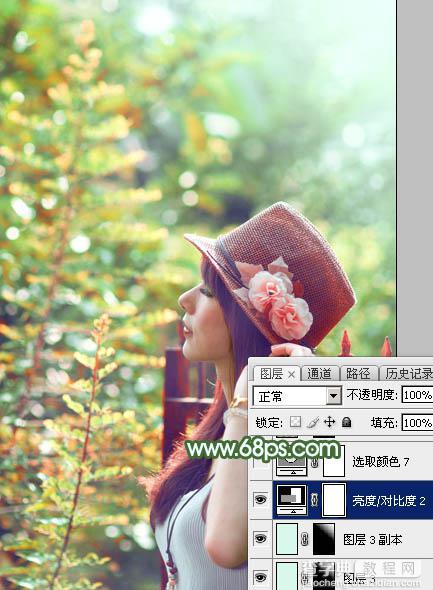 Photoshop将树林人物图片打造出甜美的青红色早秋色49