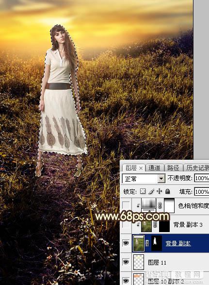 Photoshop调制出黄褐色晨曦草场中的人物图片30