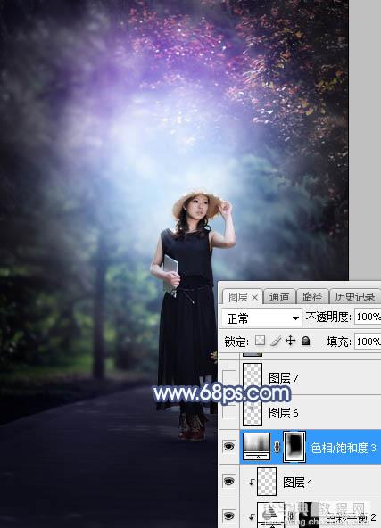 Photoshop将树林人物图片打造魔幻的蓝紫色特效33