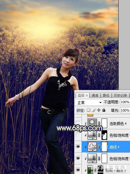 Photoshop调制出秋季暗黄色霞光山林人物图片37