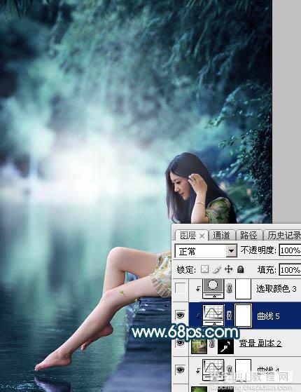 Photoshop为水景人物图片打造梦幻的暗青色效果33