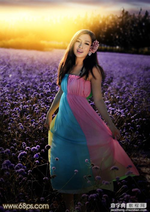 Photoshop调制出唯美的霞光色花圃中的人物图片2