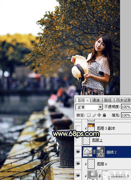 Photoshop调制出暗调蓝黄色霞光码头边的人物图片19