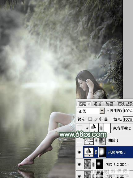 Photoshop为水景人物图片打造出古典中性暗绿色效果17