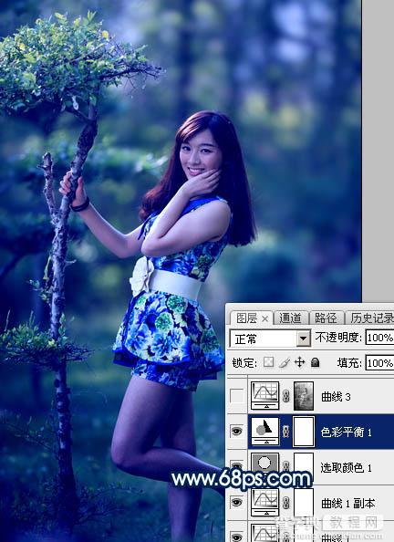 Photoshop调制出梦幻的暗调蓝青色树林人物图片14