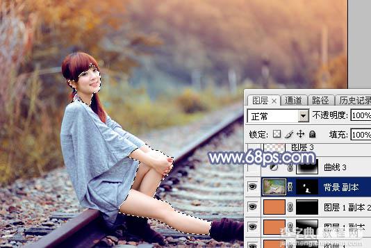 Photoshop将铁轨人物图片打造出甜美的深秋橙红色效果31
