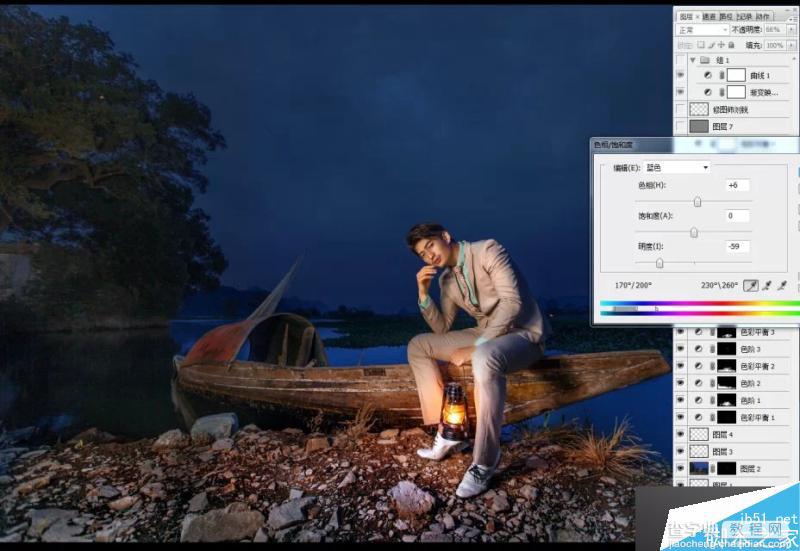 PS夜景下男子手提油灯的调色教程18