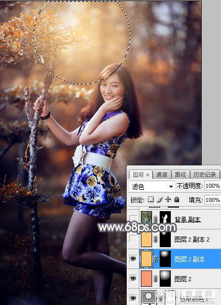 Photoshop将树林人物图片打造出深秋暗红色效果25