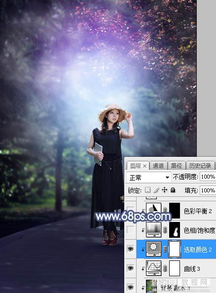 Photoshop将树林人物图片打造魔幻的蓝紫色特效31