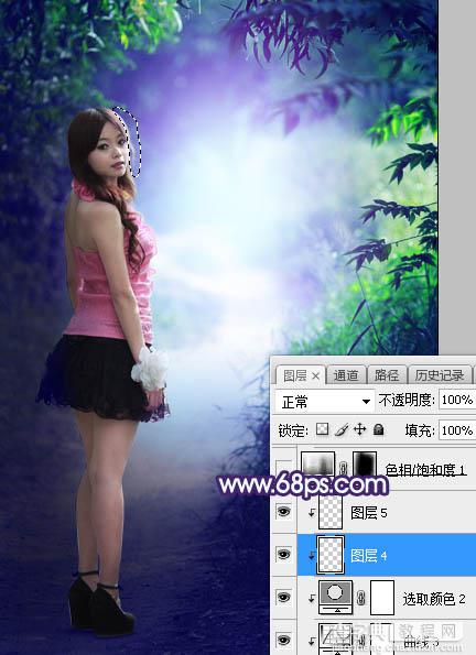 Photoshop将树林人物图片打造唯美的暗调蓝紫色30