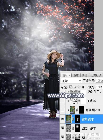 Photoshop将外景人物图片打造深秋暗调蓝红色18