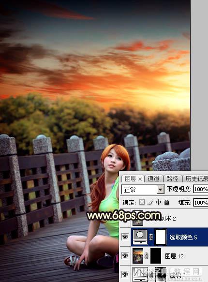 Photoshop调出唯美橙色霞光公园木桥上人物图片49