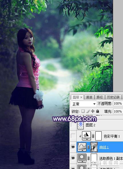 Photoshop将树林人物图片打造唯美的暗调蓝紫色10