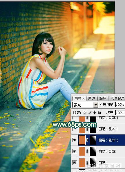 Photoshop调制出甜美的青红色围墙边的人物图片45