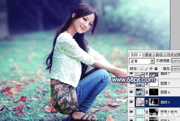 Photoshop将草地人物图片打造出甜美的粉青色效果50