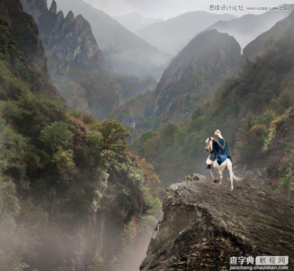 Photoshop合成骑着白马的骑士在山谷中瞭望远方55