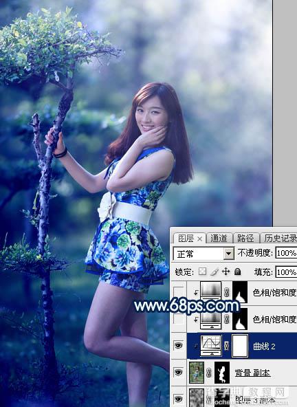 Photoshop调制出梦幻的暗调蓝青色树林人物图片25