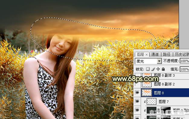 Photoshop将绿竹边的人物图片调出唯美的秋季霞光色27