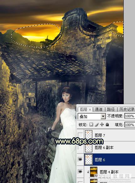 Photoshop调出高对比霞光色残旧古建筑人物图片22