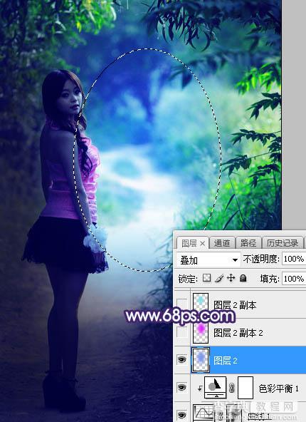 Photoshop将树林人物图片打造唯美的暗调蓝紫色14