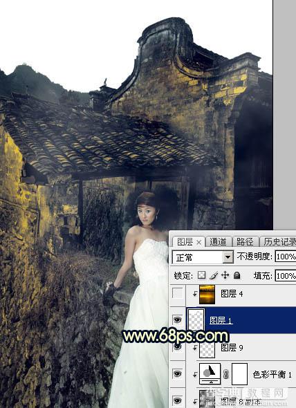 Photoshop调出高对比霞光色残旧古建筑人物图片19