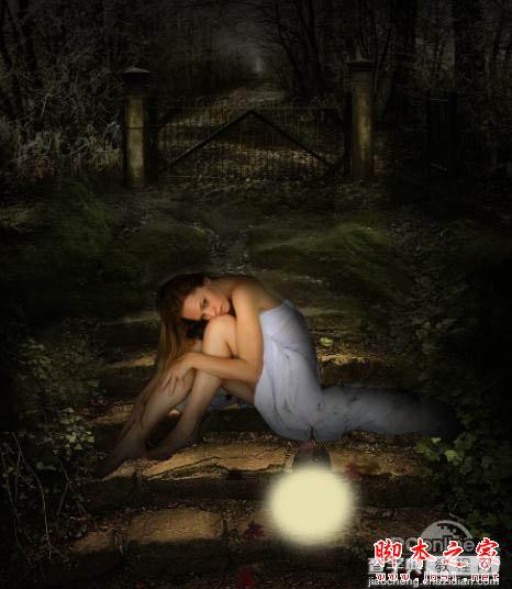 photoshop合成制作黑夜坐在石阶上提灯静坐的美女23