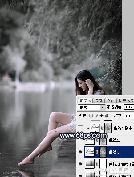 Photoshop为水景人物图片调制出梦幻的暗蓝色色调9