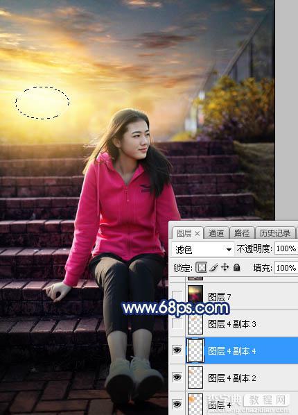 Photoshop调制出给漂亮的霞光古建筑边人物图片37