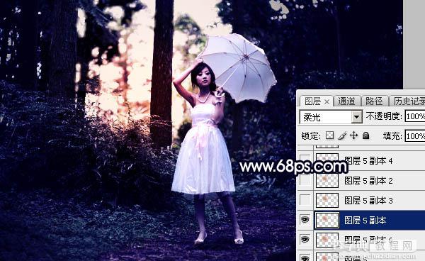 Photoshop调制出霞光中的树林人物图片34