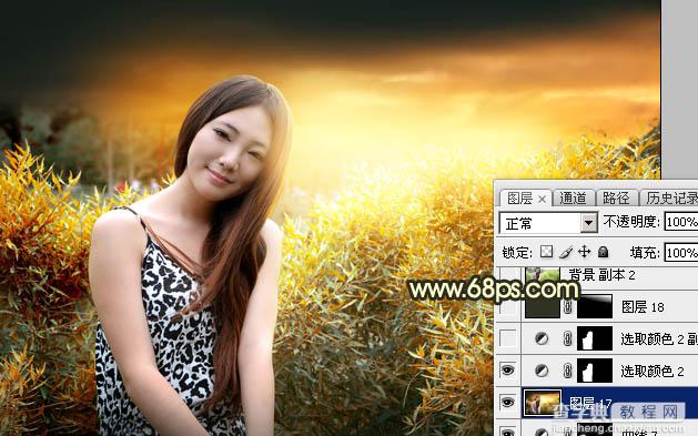 Photoshop将绿竹边的人物图片调出唯美的秋季霞光色39