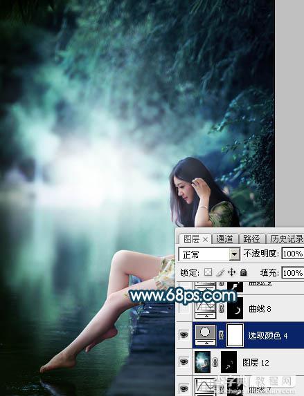 Photoshop为水景人物图片打造梦幻的暗青色效果46