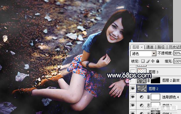 Photoshop调制出昏暗的秋季暖色长凳边的人物图片29