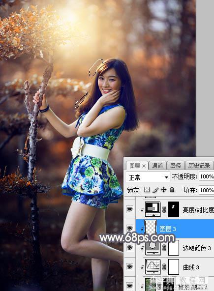 Photoshop将树林人物图片打造出深秋暗红色效果35