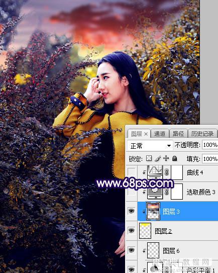 Photoshop调制出灿烂的蓝黄色霞光绿树中的人物图片21