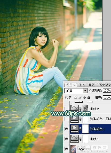 Photoshop调制出甜美的青红色围墙边的人物图片10