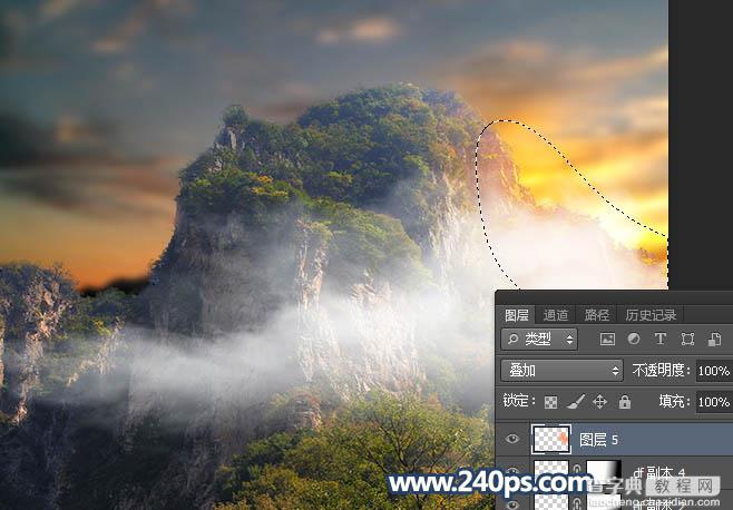 Photoshop调制出清晨霞光色和云雾效果的山峰图片18