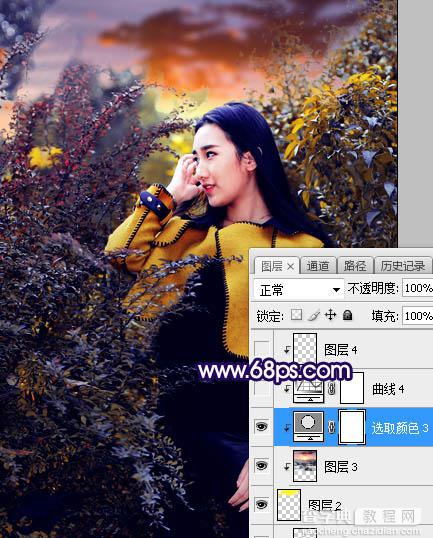 Photoshop调制出灿烂的蓝黄色霞光绿树中的人物图片24